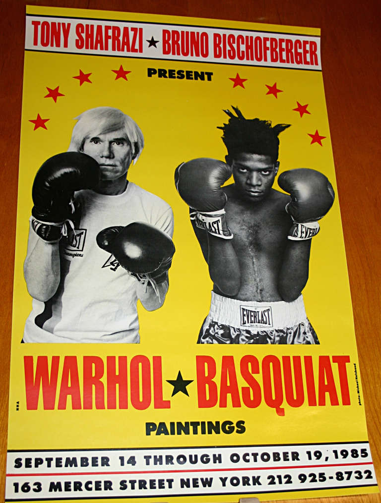 Original Tony Shafrazi and Bruno Bischofberger exhibition poster for Andy Warhol and Jean-Michel Basquiat paintings 1985. Unframed NOS acquired from the Frederick Hughes estate. This color photo-offset lithograph features Andy Warhol and Jean-Michel
