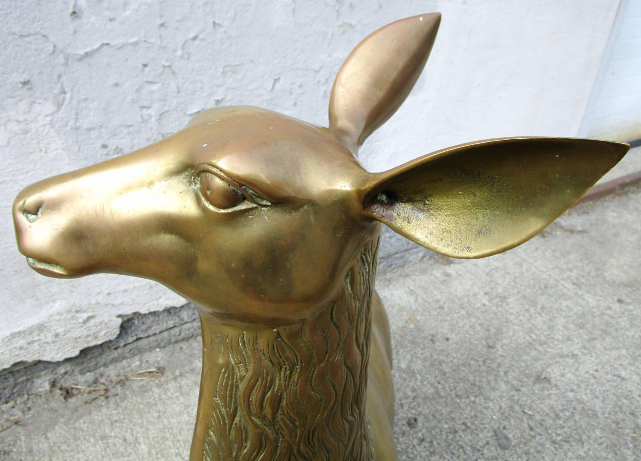 Late 20th Century Large Brass Bull Elk / Deer and Doe Sculpture