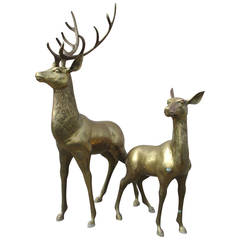 Large Brass Bull Elk / Deer and Doe Sculpture