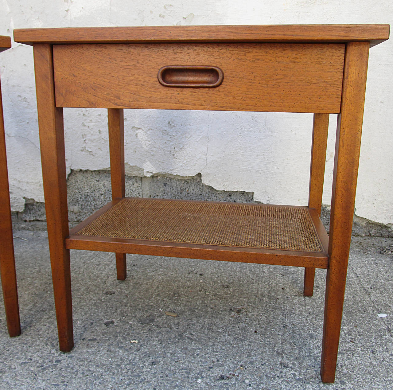 Mid-Century Modern Pair of Walnut and Cane Side Tables