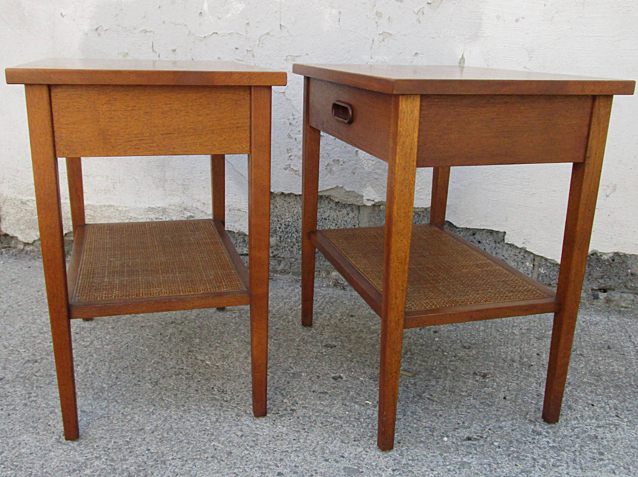 Mid-20th Century Pair of Walnut and Cane Side Tables