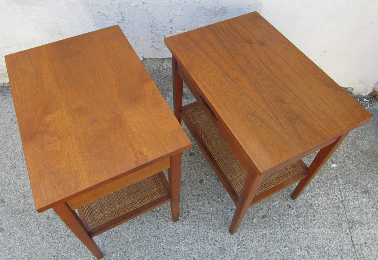 Pair of Walnut and Cane Side Tables In Excellent Condition In Hudson, NY