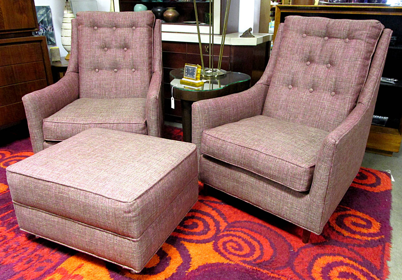 Pair of High Back Lounge Chairs with Ottoman 2