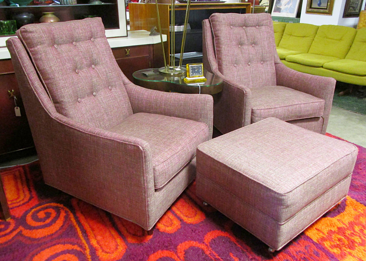 Pair of High Back Lounge Chairs with Ottoman 3
