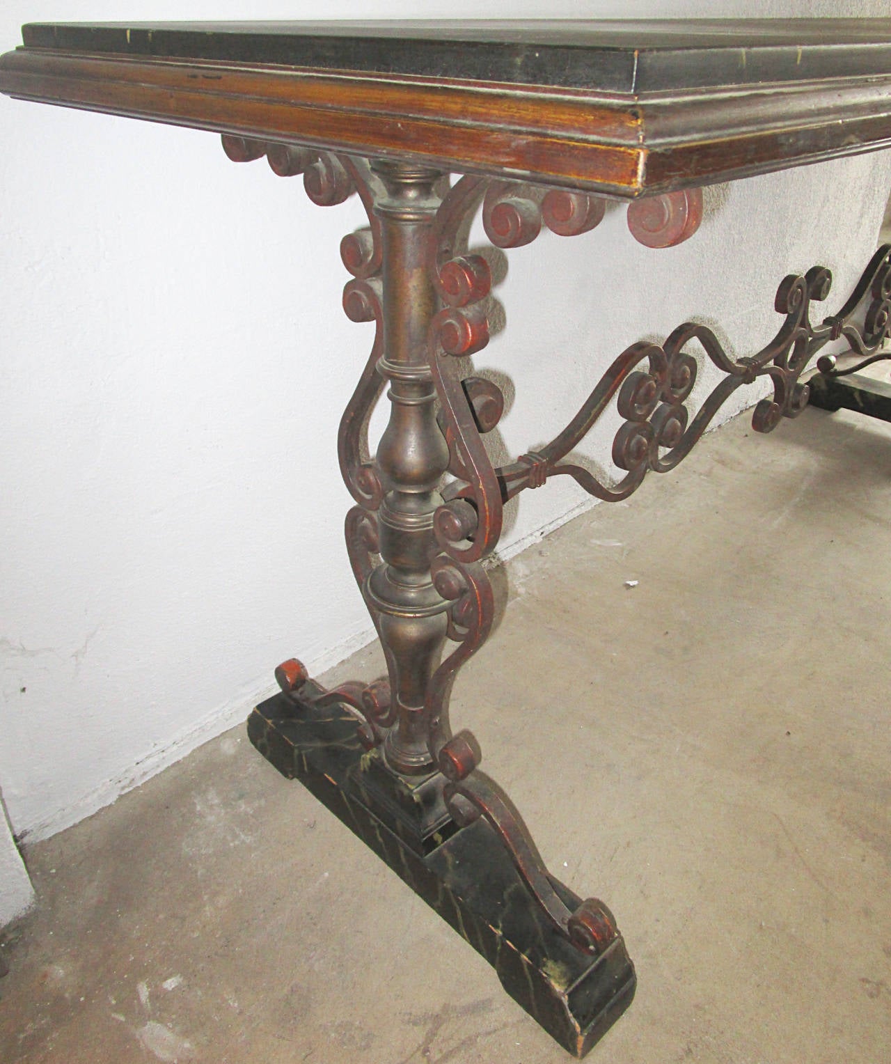 Spanish Revival Faux Marble and Iron Console Table For Sale 1