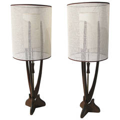 Walnut and Brass Large Sculptural Table Lamps 9