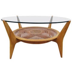 Mid-Century Walnut and Glass Cocktail Table with Caned Shelf