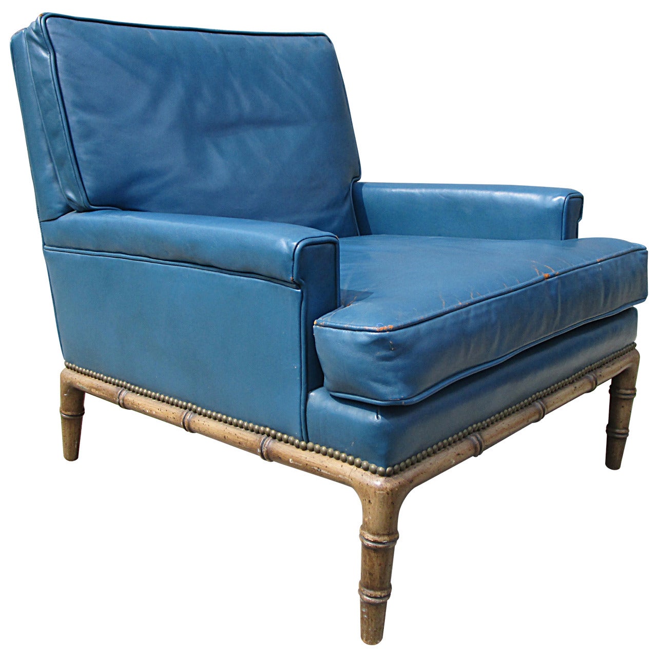 Blue Leather Club Chair by Erwin-Lambeth For Sale