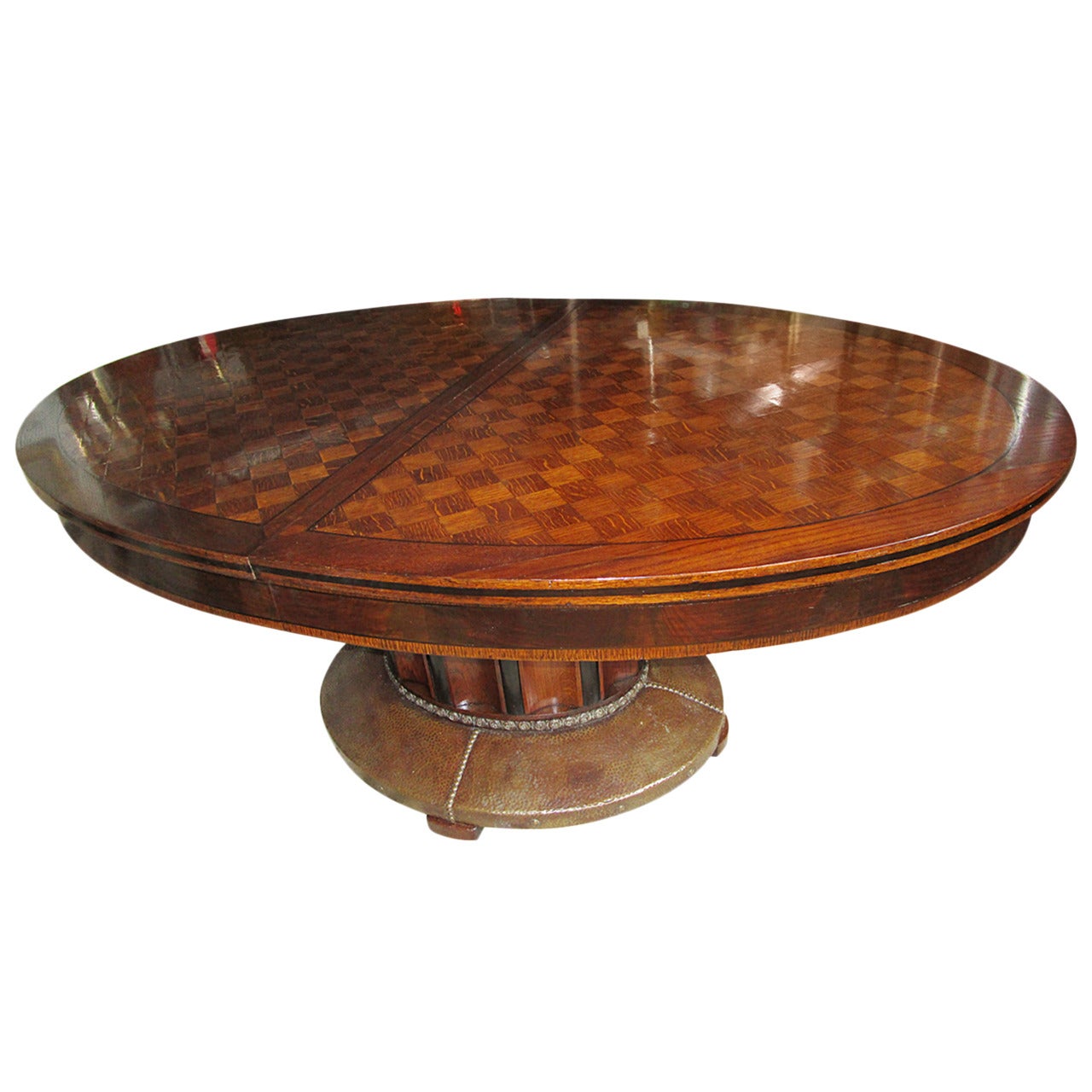 Oval Parquetry Dining Table with Hammered Copper Base by De Coene Freres For Sale