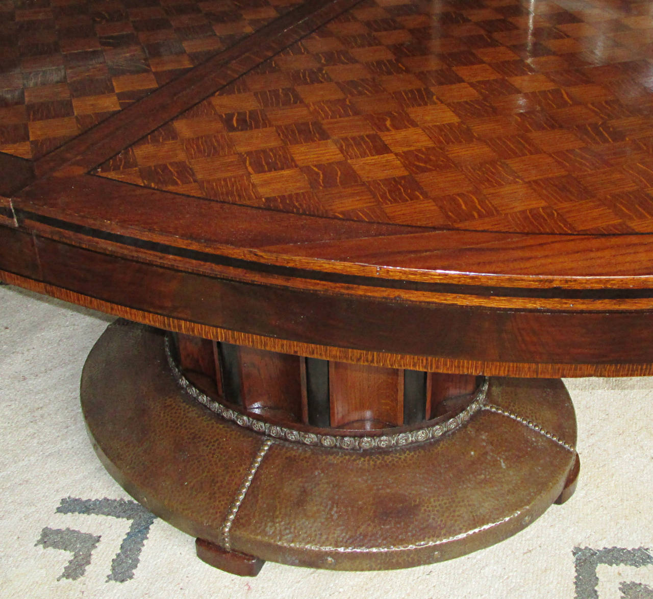 20th Century Oval Parquetry Dining Table with Hammered Copper Base by De Coene Freres For Sale