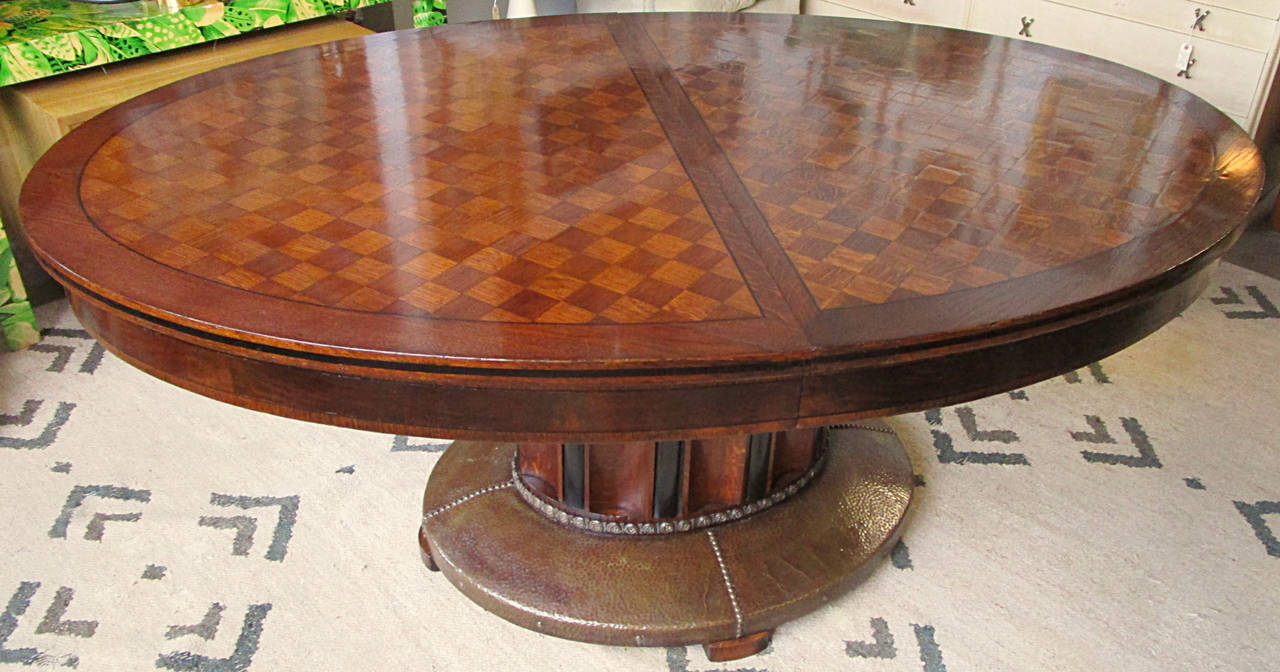 Oval Parquetry Dining Table with Hammered Copper Base by De Coene Freres For Sale 5