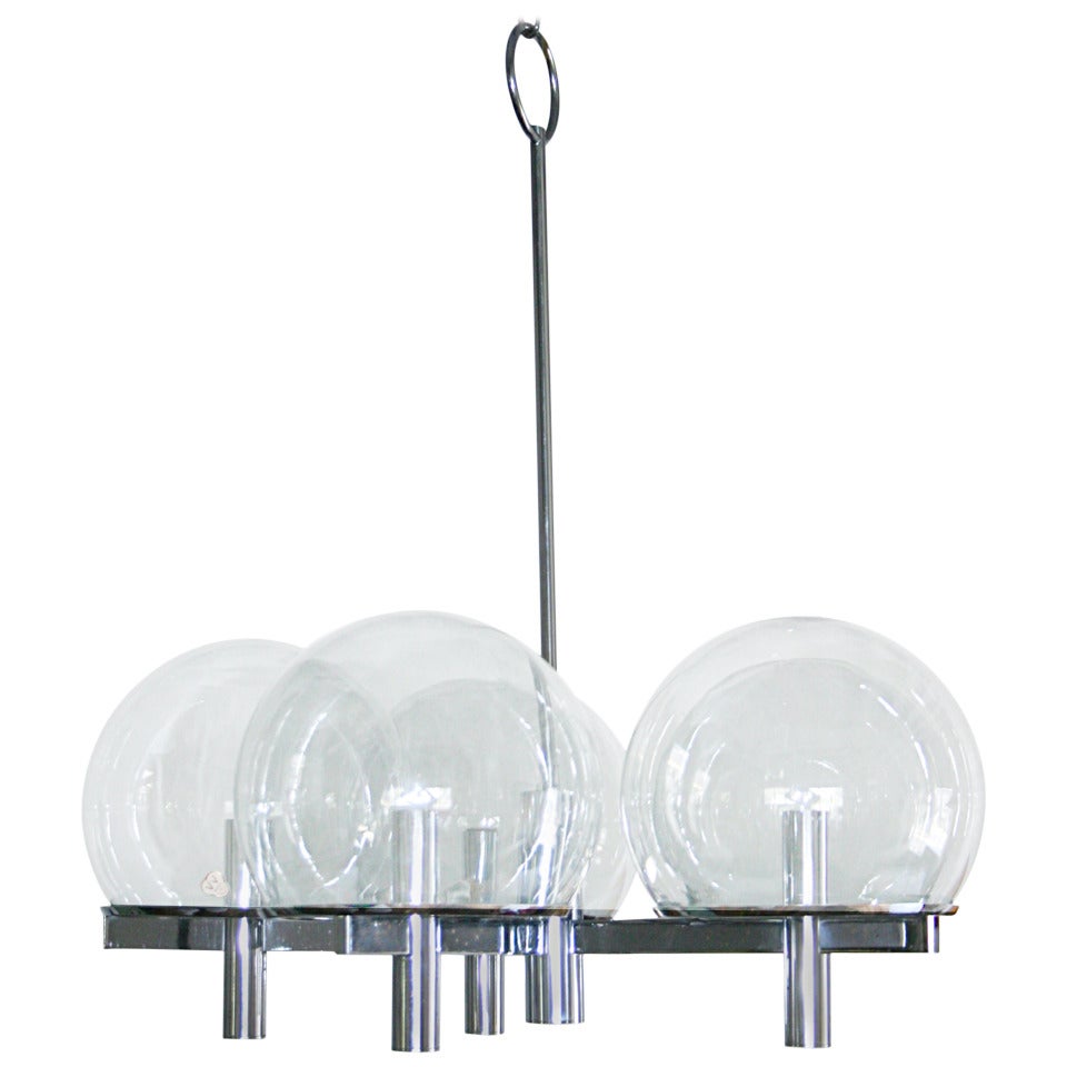 Five Arm Chrome Chandelier with Smoked Glass Globes by Gaetano Sciolari For Sale