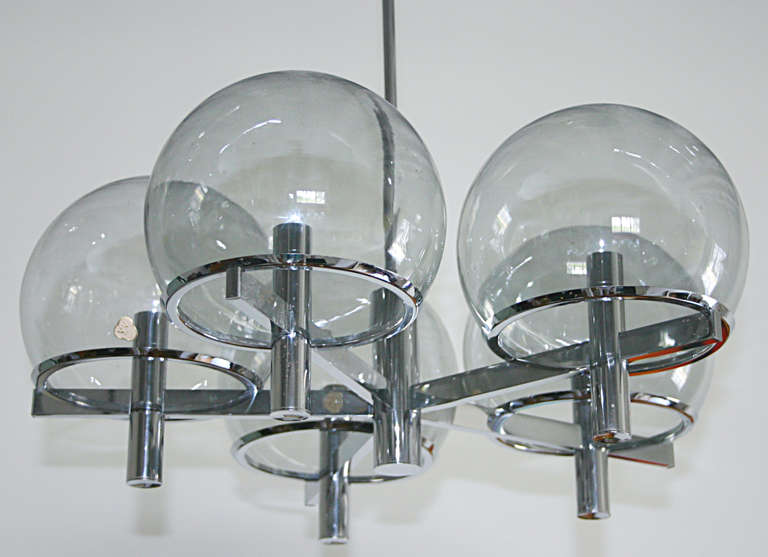 Italian Five Arm Chrome Chandelier with Smoked Glass Globes by Gaetano Sciolari For Sale