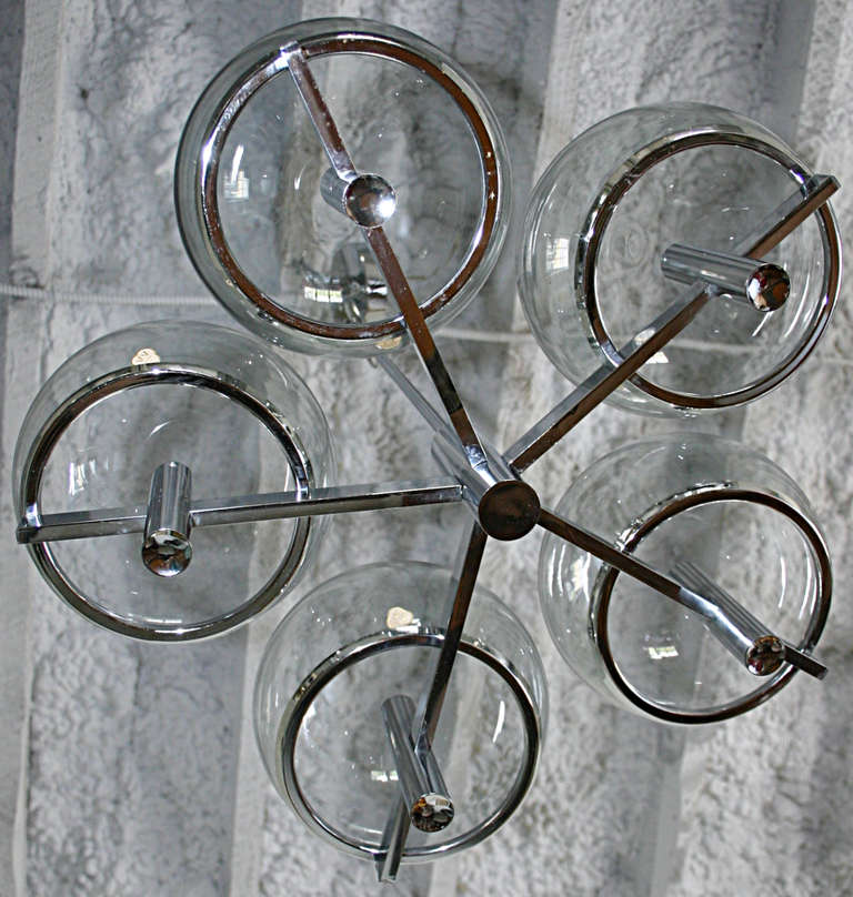 Mid-20th Century Five Arm Chrome Chandelier with Smoked Glass Globes by Gaetano Sciolari For Sale