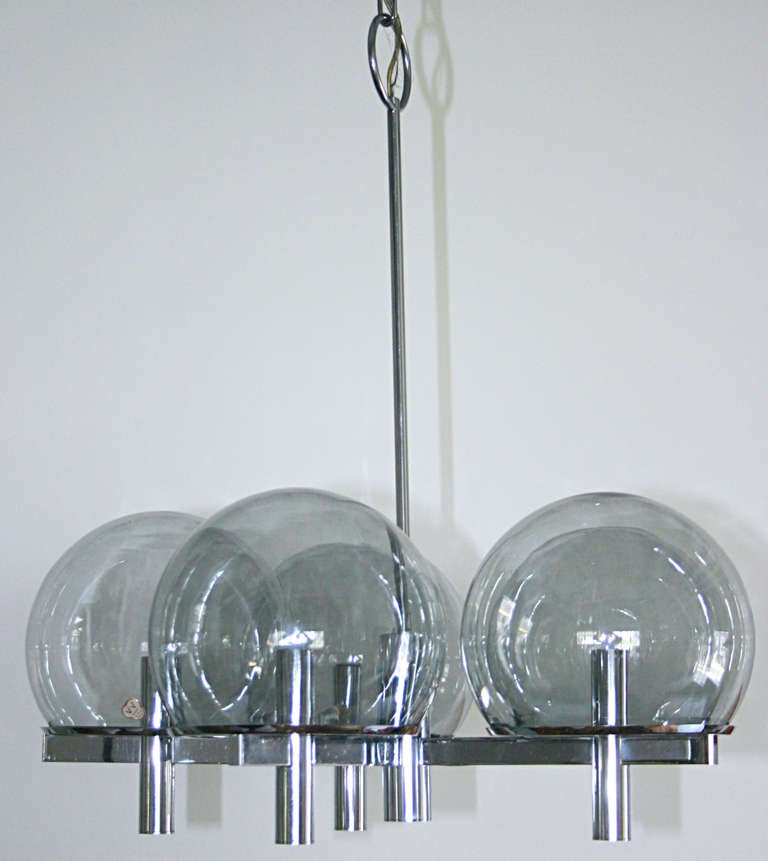 Five Arm Chrome Chandelier with Smoked Glass Globes by Gaetano Sciolari