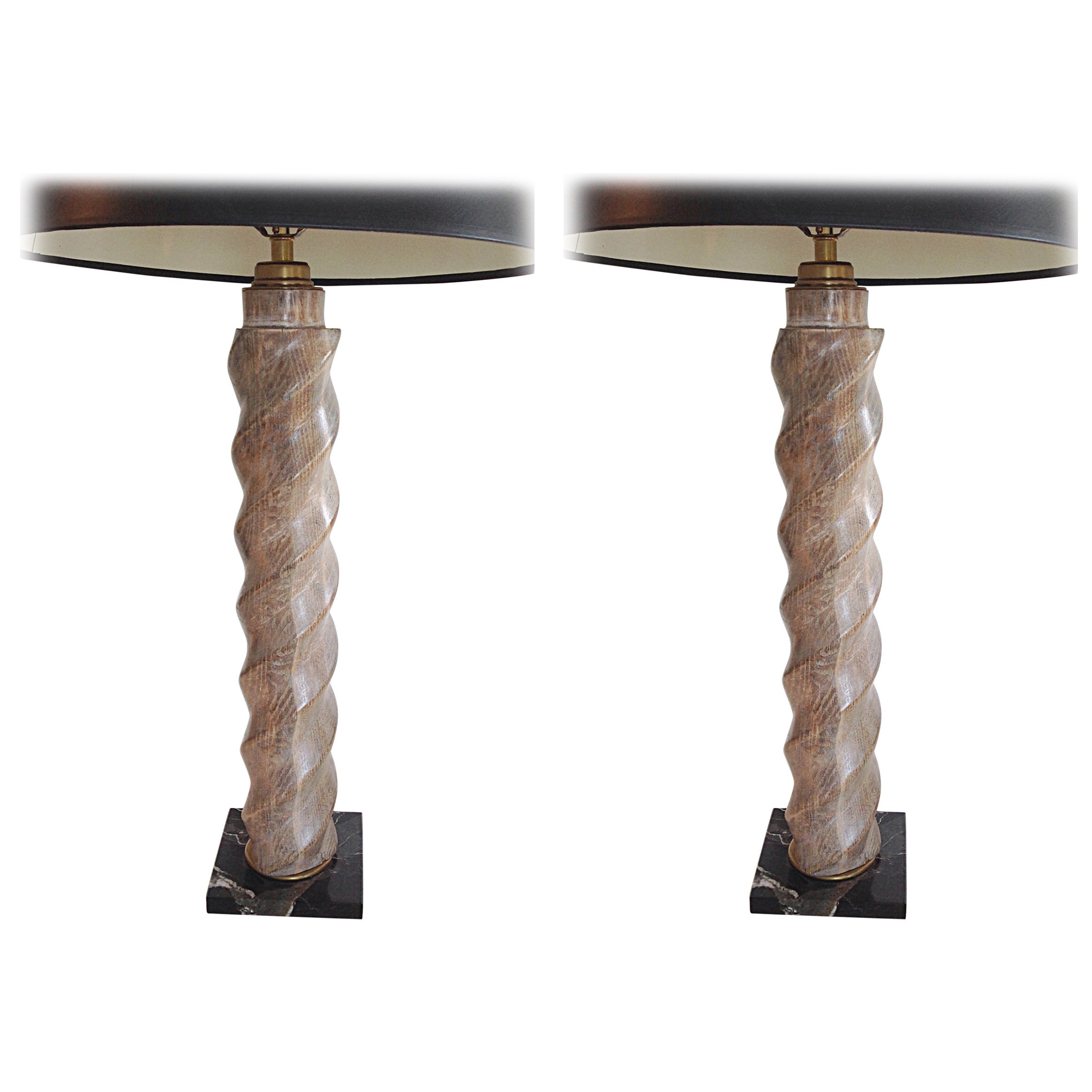 Pair of Cerused Oak Spiral Twist Table Lamps For Sale