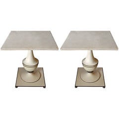 Pair of Parchment Top Pedestal Side Tables