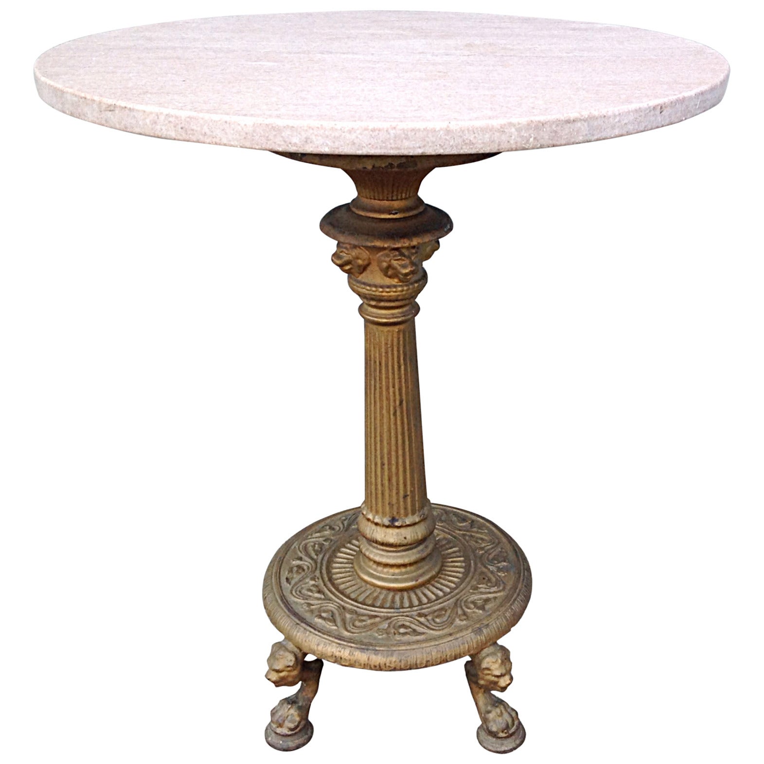 Marble-Top Iron Pedestal Table with Paw Feet For Sale