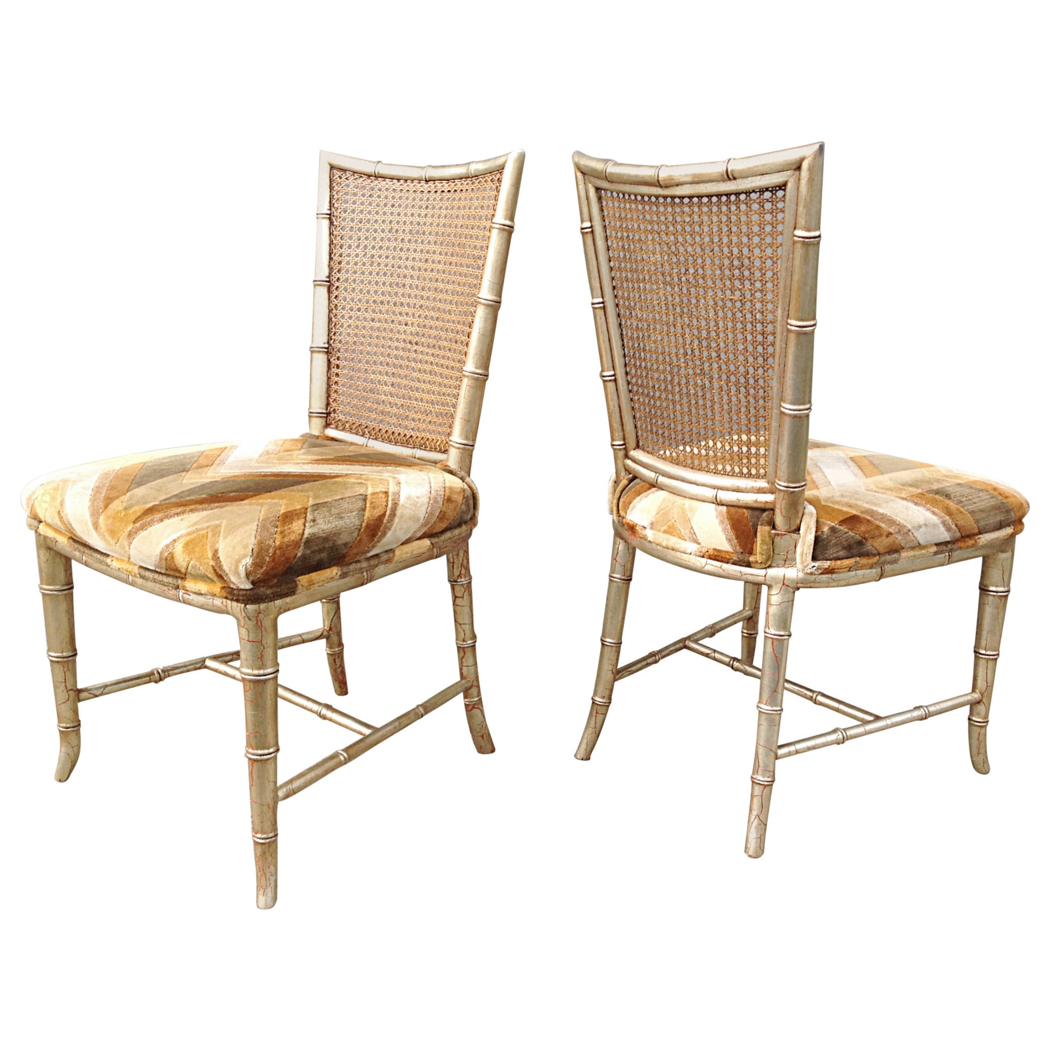 Set of Six Silvered Faux Bamboo Caned Back Dining Chairs For Sale