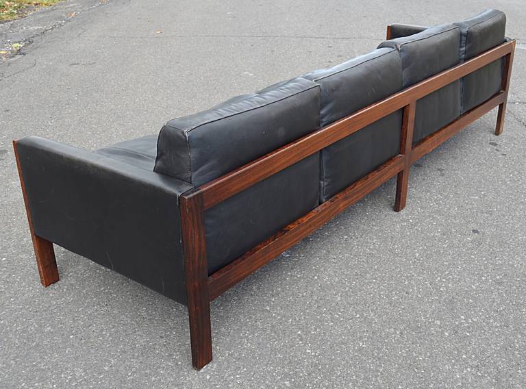 Mid-20th Century Solid Rosewood Frame and Leather Sofa For Sale