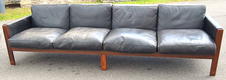 Mid-Century Modern Solid Rosewood Frame and Leather Sofa For Sale