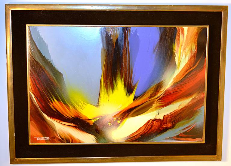 Mexican artist, Leonardo Nierman, depicts his creation imagery in this mid-1960s acrylic on masonite. Painting itself measures: 24 x 16. Double framed with simple gold frames separated by velvet liner. Slight wear to frame. Signed on front and