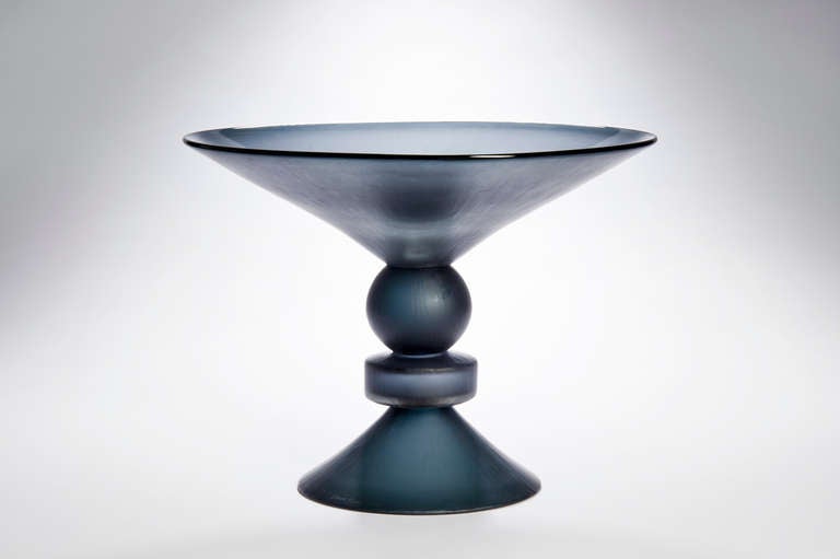 Large footed bowl made out of handblown glass with battuto cut surface by British glass artist Simon Moore.