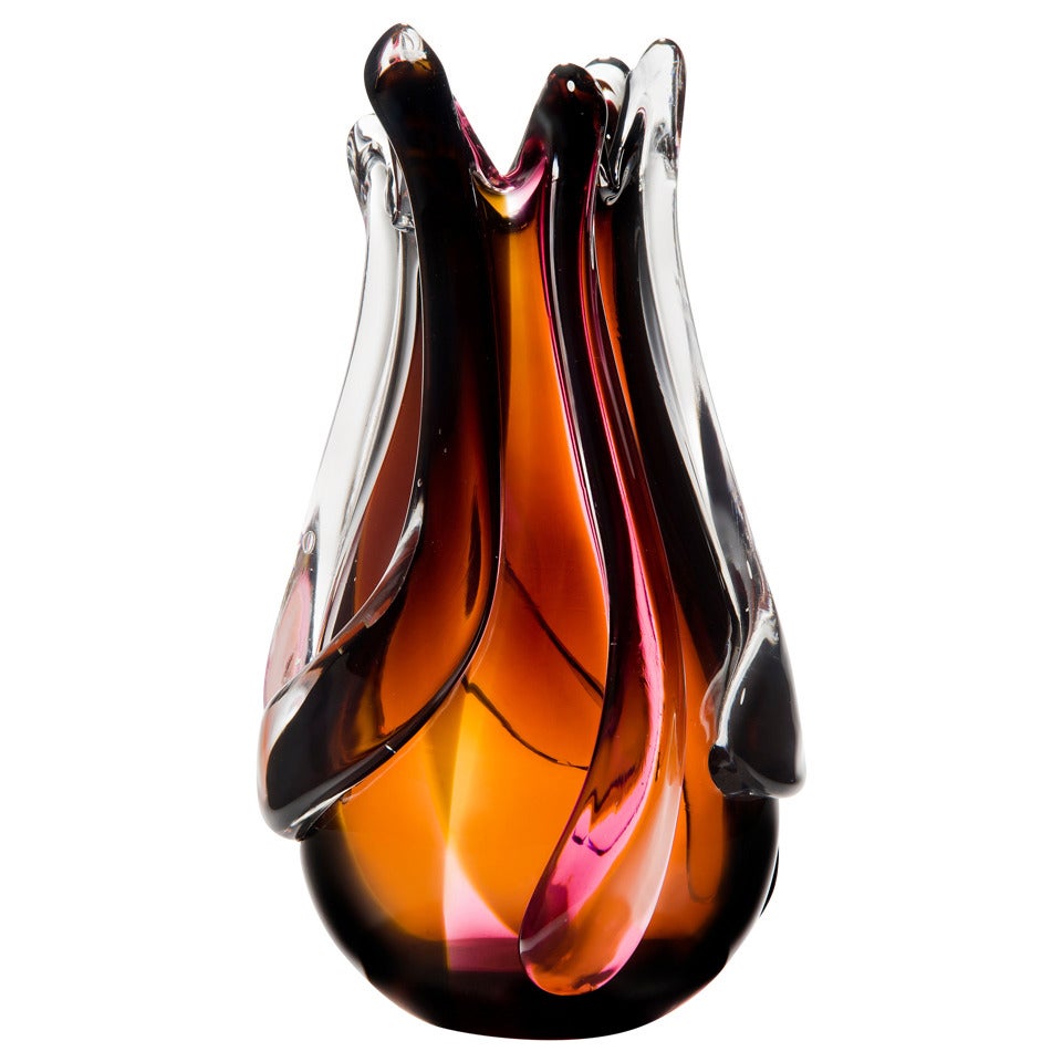 Flame Vase, a pink, orange, auburn & clear unique glass vase by Nigel Coates