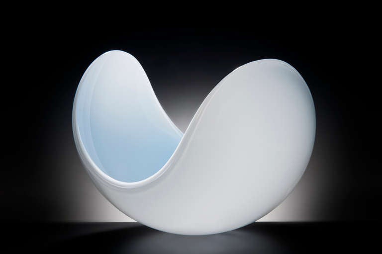 White glass with pale blue inside Planet sculpture by Lena Bergstrom. Handblown using Swedish overlay technique. Unique piece signed and numbered by the artist as an Orrefors Unique.