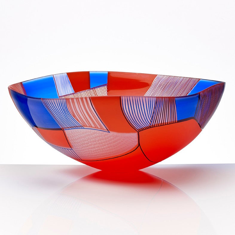 British Landscape Study Blue Over Red bowl, art glass centrepiece by Kate Jones 