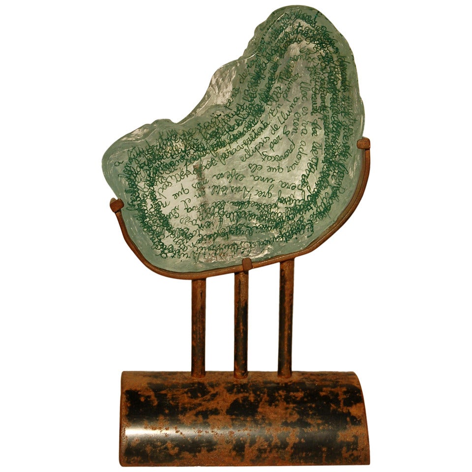 "Eclipsi De Lluna, " Contemporary Iron and Glass with Green Writing Sculpture For Sale