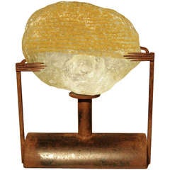 "Dies a Babilonia, " Contemporary Iron and Glass with Yellow Writing Sculpture