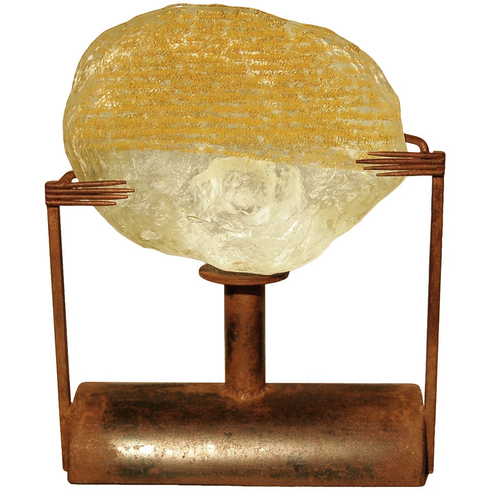 "Dies a Babilonia, " Contemporary Iron and Glass with Yellow Writing Sculpture For Sale