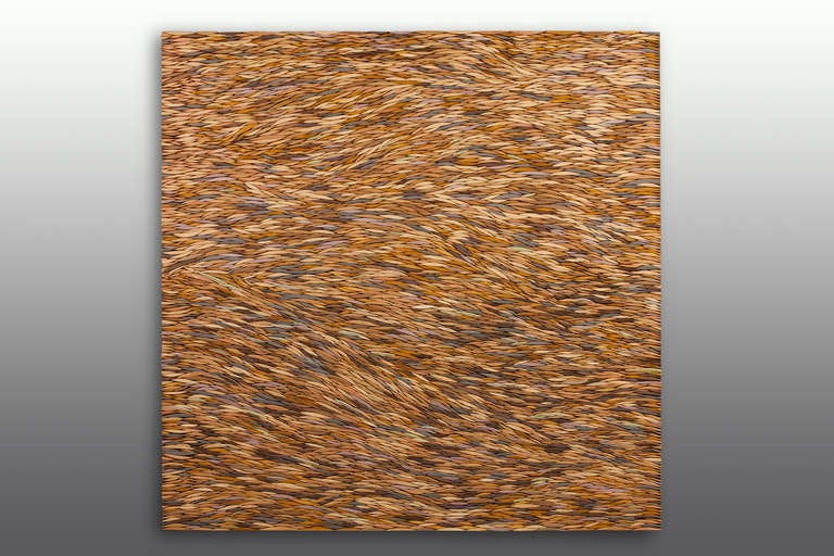 This work is part of a series called Nature's Skins. The collection comprises 8 works that represent different elements. They are an abstract reflection on nature's textures, colours and movements. Each work is made of 2500 to 3000 pieces of