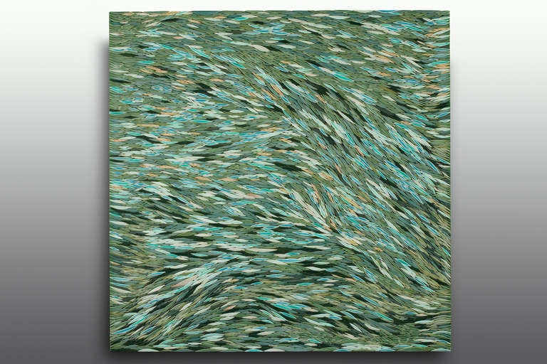 This work is part of a series called Nature's Skins. The collection comprises 8 works that represent different elements. They are an abstract reflection on nature's textures, colours and movements. Each work is made of 2500 to 3000 pieces of