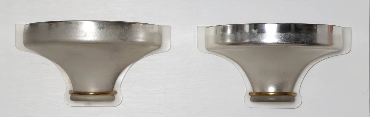 American Pair of 1980s Karl Springer Venetian Glass, Frosted Lucite and Brass Sconces For Sale