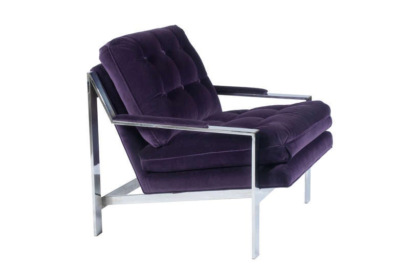 Pair of Cy Mann chrome-frame lounge chairs, in the style of Milo Baughman, with new deep-purple velvet upholstery.

A 2nd pair in original upholstery is available for $5,000.  The metal is in great shape but they need reupholstering.