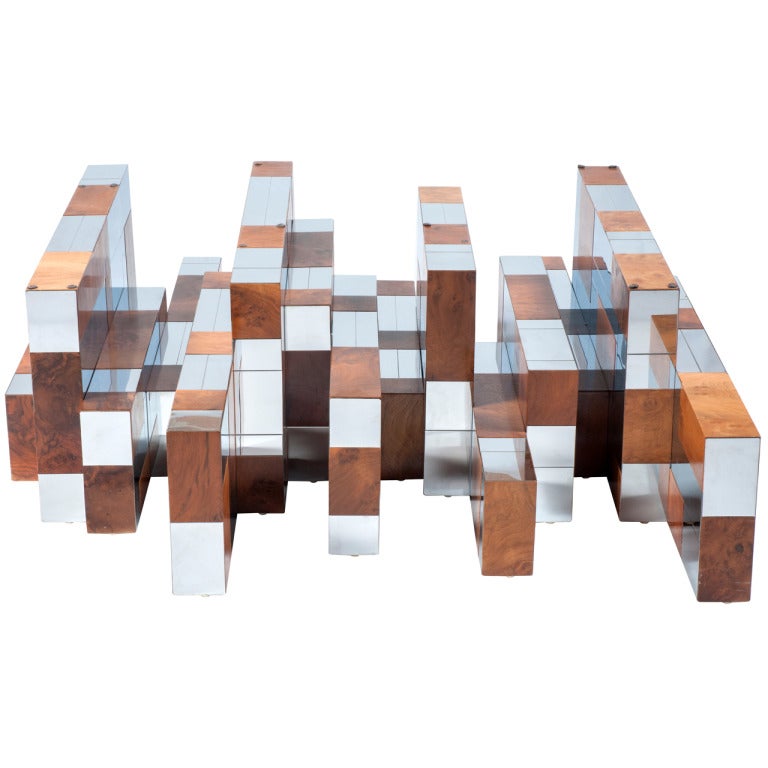 Monumental Paul Evans for Directional Cityscape coffee table in patchwork burl veneer and polished chrome, signed, photographed without its 3/4-inch plate glass top, pristine condition, c. 1970s, base 44