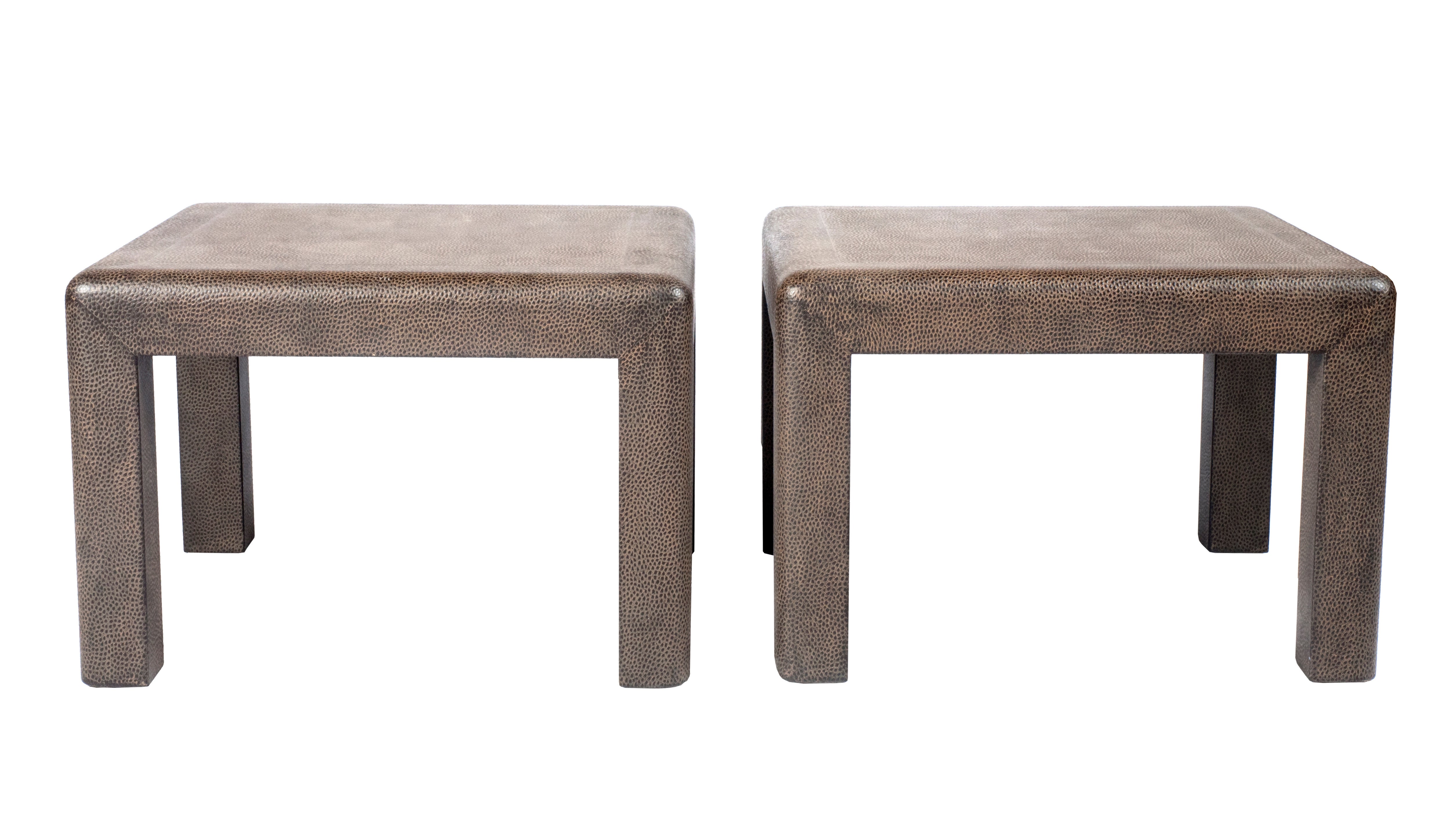 Pair of Signed Karl Springer Leather-Clad End Tables