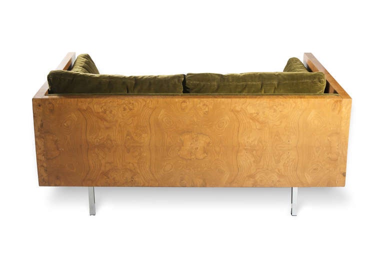 Milo Baughman burl wood and chrome settee. 1960s, original upholstery with Thayer Coggin tag.