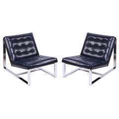 Pair of Milo Baughman Leather and Chrome Slipper Chairs
