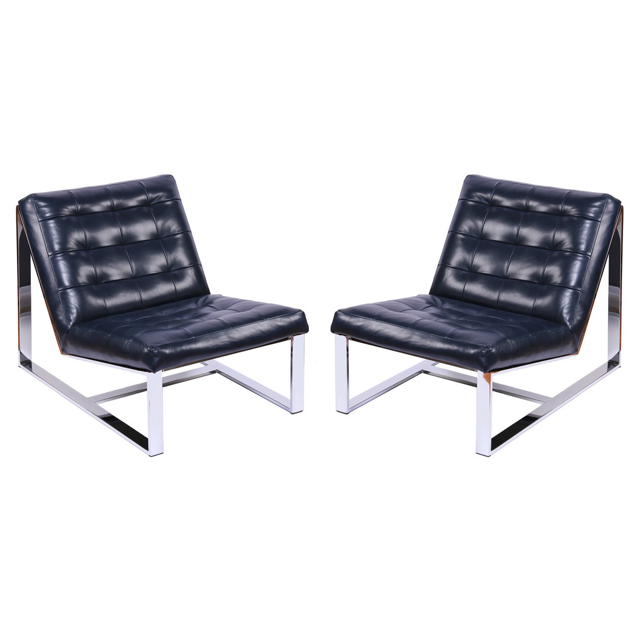 Pair of Milo Baughman Leather and Chrome Slipper Chairs