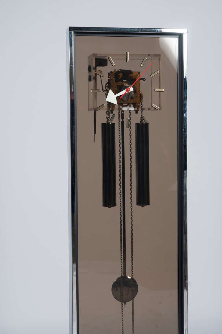 American Chrome and Smoked-Lucite Grandfather Clock by Howard Miller