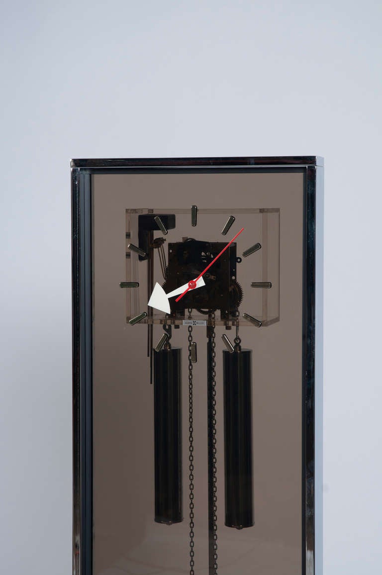 Chrome and Smoked-Lucite Grandfather Clock by Howard Miller In Excellent Condition In Brooklyn, NY