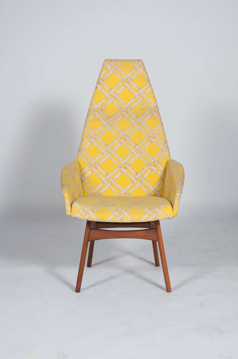 Set of six dining chairs by Adrian Pearsall for Craft Associates, two armchairs, four side chairs. Sculptural seats over solid walnut bases, original yellow lattice-pattern upholstery. Foam is hardened. Armchairs 26-1/2