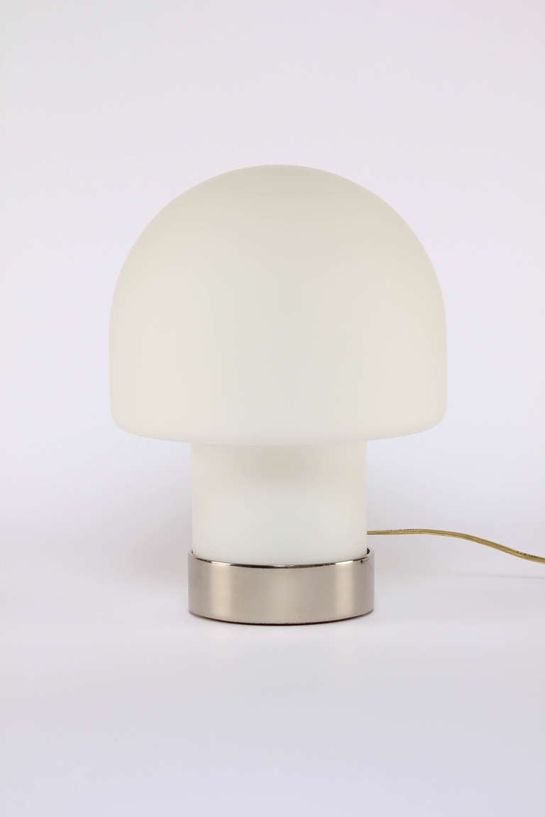 Lovely frosted-glass mushroom-shaped table lamp with polished-nickel base by Laurel Lamp Co. A single bulb in the base provides a soft glow. Switch on cord; new wiring. 

