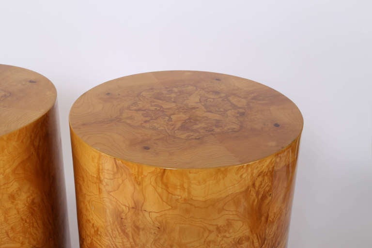 Pair of beautiful drum end tables with matching burl veneer, by Habitat International.