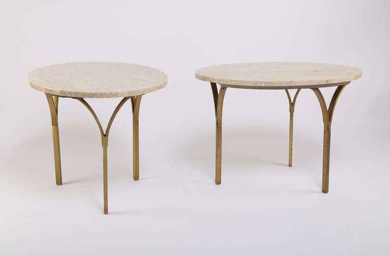 Beautiful pair of oval marble-top end tables with Y-shaped brass legs. Marble stamped 