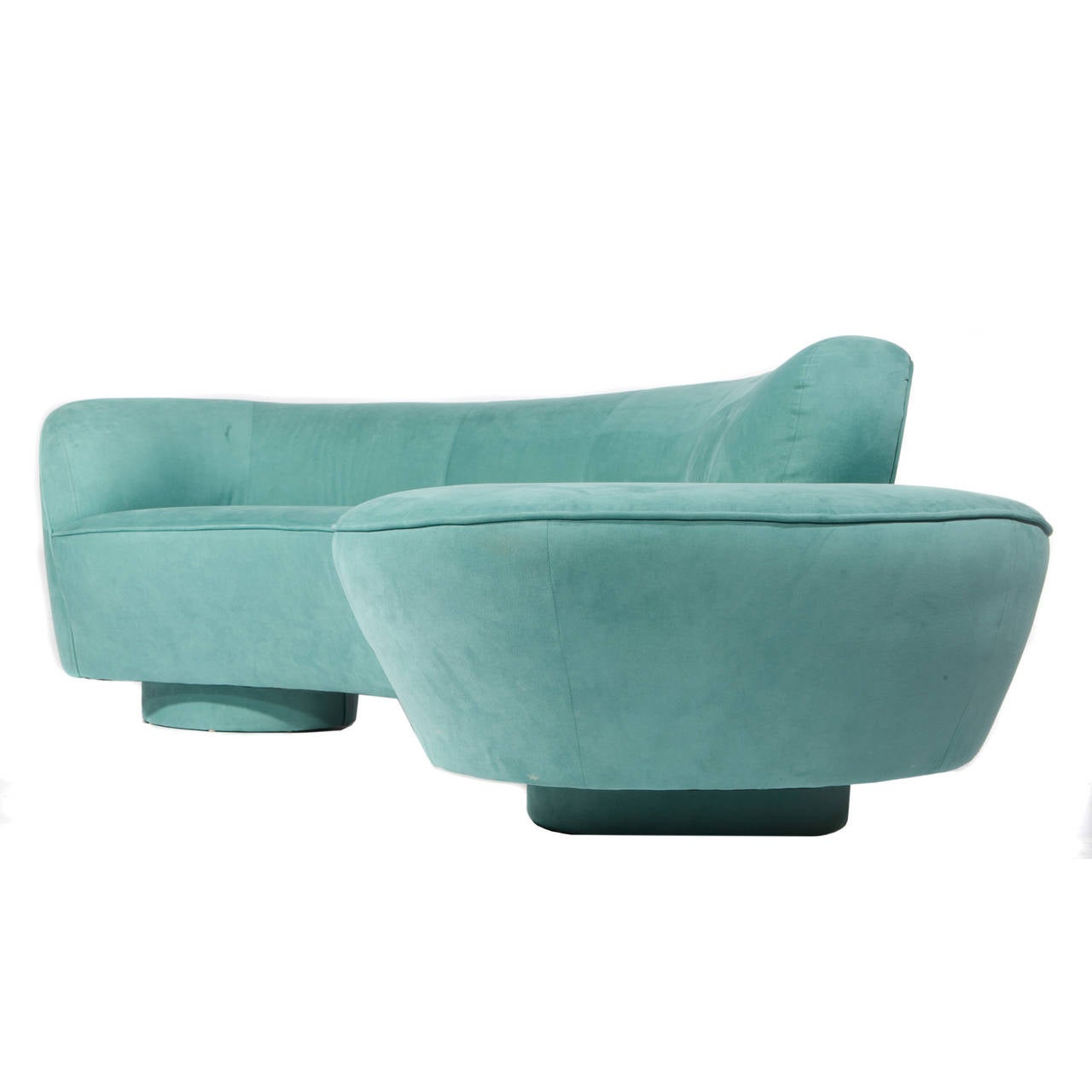 Classic Kagan sculptural design. The sofa rests on two round, upholstered discs with extra support provided by a center lucite slab. Original teal microsuede upholstery with Directional tag on underside. This item is in our Bronx warehouse; please