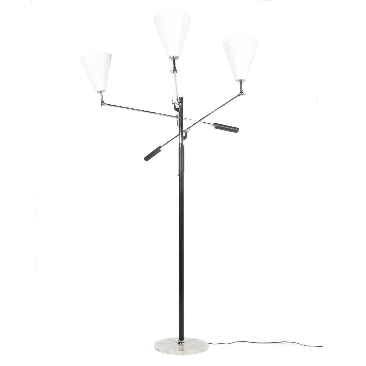 Classic, Arredoluce-style adjustable three-arm floor lamp with pivoting white-enameled cone shades, black-leather handles and chrome hardware. Stamped 